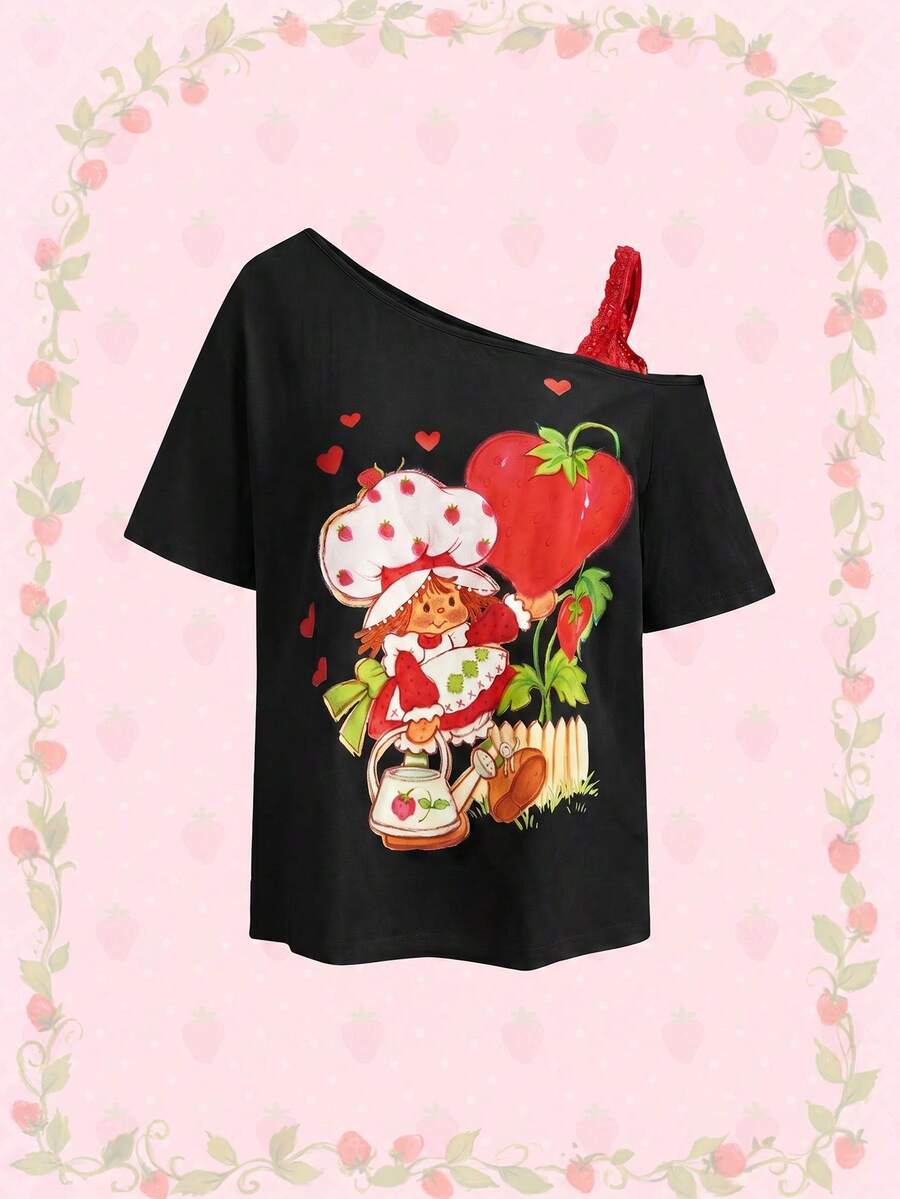 Strawberry Shortcake | ROMWE Áo thun nữ tay ngắn cổ lệch phối ren in hình hoạt hình và dâu tây - màu đen - Xem 1