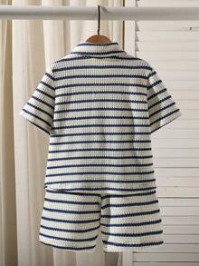 SHEIN 2pcs Young BoyTextured Stripe Knit Shirt And Shorts Set - Blue and White - View 2