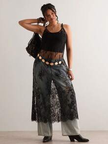 Freevana Plus Size Women's Black Lace Spaghetti Strap Dress,Sheer Elegant Summer Boho Long Dress,Music Festival Outfit,Night Out Club,Bohemian Western Style - Black - View 7