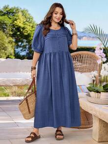 Plus Size Women's Summer Casual Vacation Country Round Neck Mid-Sleeve Short Sleeve Long Solid Color Blue Long Dress, Suitable For Summer Vacation,Casual Holiday Style,Summer Outfits For Women ,Vacation Outfits Women ,Holiday Outfits For Women,Going Out Outfits, New Clothes,Simple And Fashionable For Everyday Wear,Suitable For Summer, Vacation, Daily Wear, Festival Outfits For Women,Country Concert Outfit,Beach Outfits For Women,Western Style,Flowy Dress,Gifts For Mother,Faux Denim Blue Boho Dress - Blue - View 1