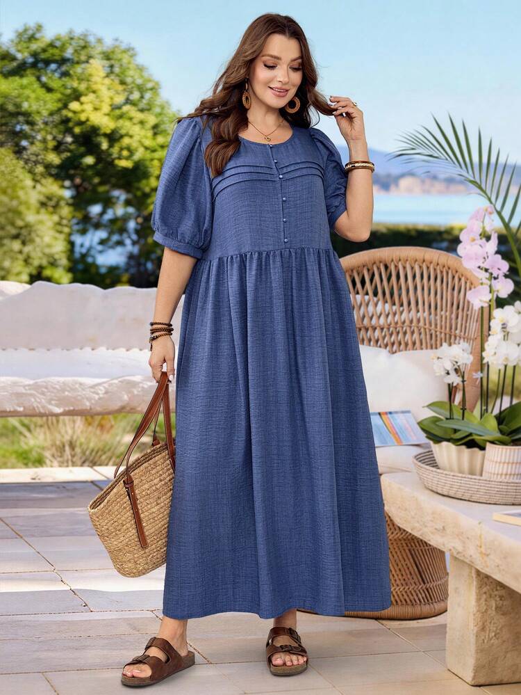 Plus Size Women's Summer Casual Vacation Country Round Neck Mid-Sleeve Short Sleeve Long Solid Color Blue Long Dress, Suitable For Summer Vacation,Casual Holiday Style,Summer Outfits For Women ,Vacation Outfits Women ,Holiday Outfits For Women,Going Out Outfits, New Clothes,Simple And Fashionable For Everyday Wear,Suitable For Summer, Vacation, Daily Wear, Festival Outfits For Women,Country Concert Outfit,Beach Outfits For Women,Western Style,Flowy Dress,Gifts For Mother,Faux Denim Blue Boho Dress