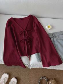 SHEIN CURVE+ 大码女式休闲系带喇叭袖上衣 - 酒紅色 - 查看 7