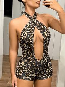 SHEIN ICON Bộ jumpsuit cổ yếm chéo họa tiết da báo đính sequin gợi cảm cổ chữ V sâu - Nhiều màu - Xem 3