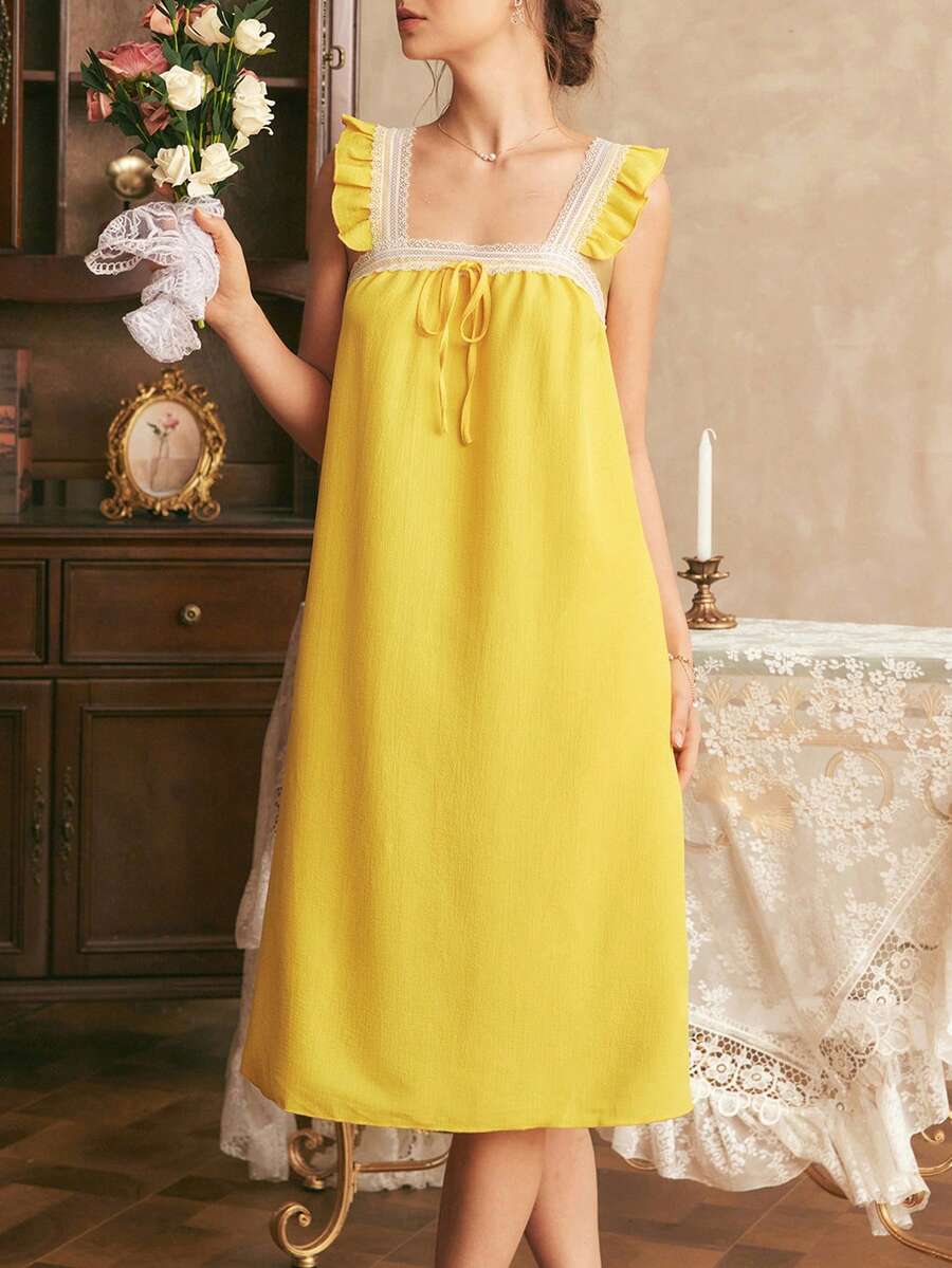 Côtesoire 法国南部优雅吊带女士褶皱睡裙 - 黃色 - 查看 1