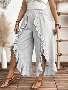 Weeklong Pantalones de pierna ancha con abertura, volantes y estampado floral para mujer de talla grande para vacaciones - Blanco y Negro - Ver 1