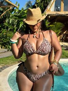SHEIN Swim SXY Bộ bikini tam giác in họa tiết mới năm 2026 dành cho nữ, kiểu buộc dây cổ, thích hợp mặc đi biển. - màu nâu - Xem 5