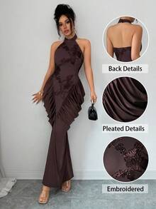 Modelyn Brown Mesh Jacquard Embroidered Backless Ruched Design Dress, Elegant & Fashionable Dresses Brown Dress Halter Neck Dress Elegant Dress Woman Dress Formal Where To Buy Evening Dresses Evening Dresses For Women Latest Dress High Quality Dress Luxury Evening Gown - Brown - View 8
