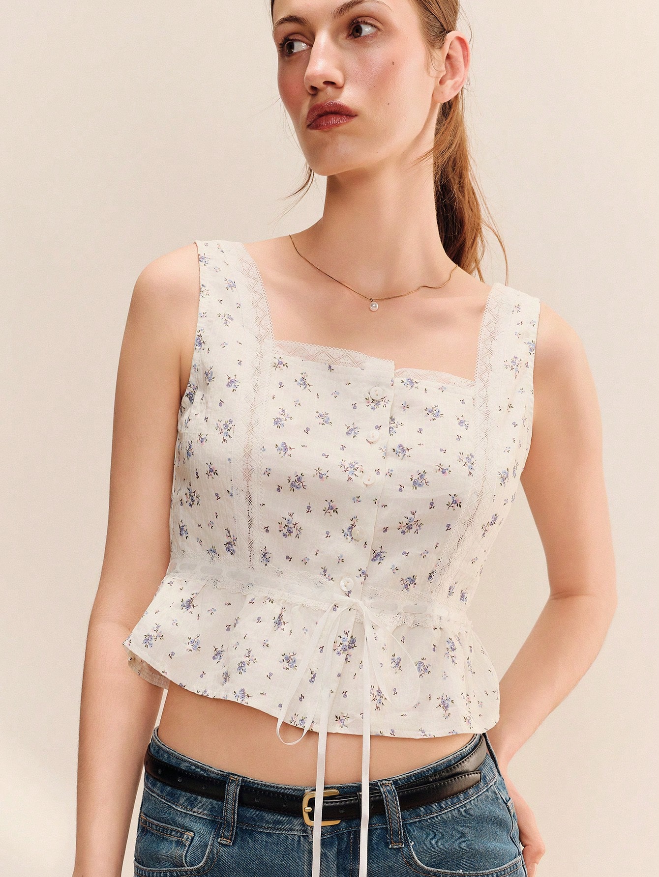 Striped Woven Floral Print Top With A Square Neckline And Lace Details Cute Spring Summer Holiday Top Summer Holiday Top French Style Top