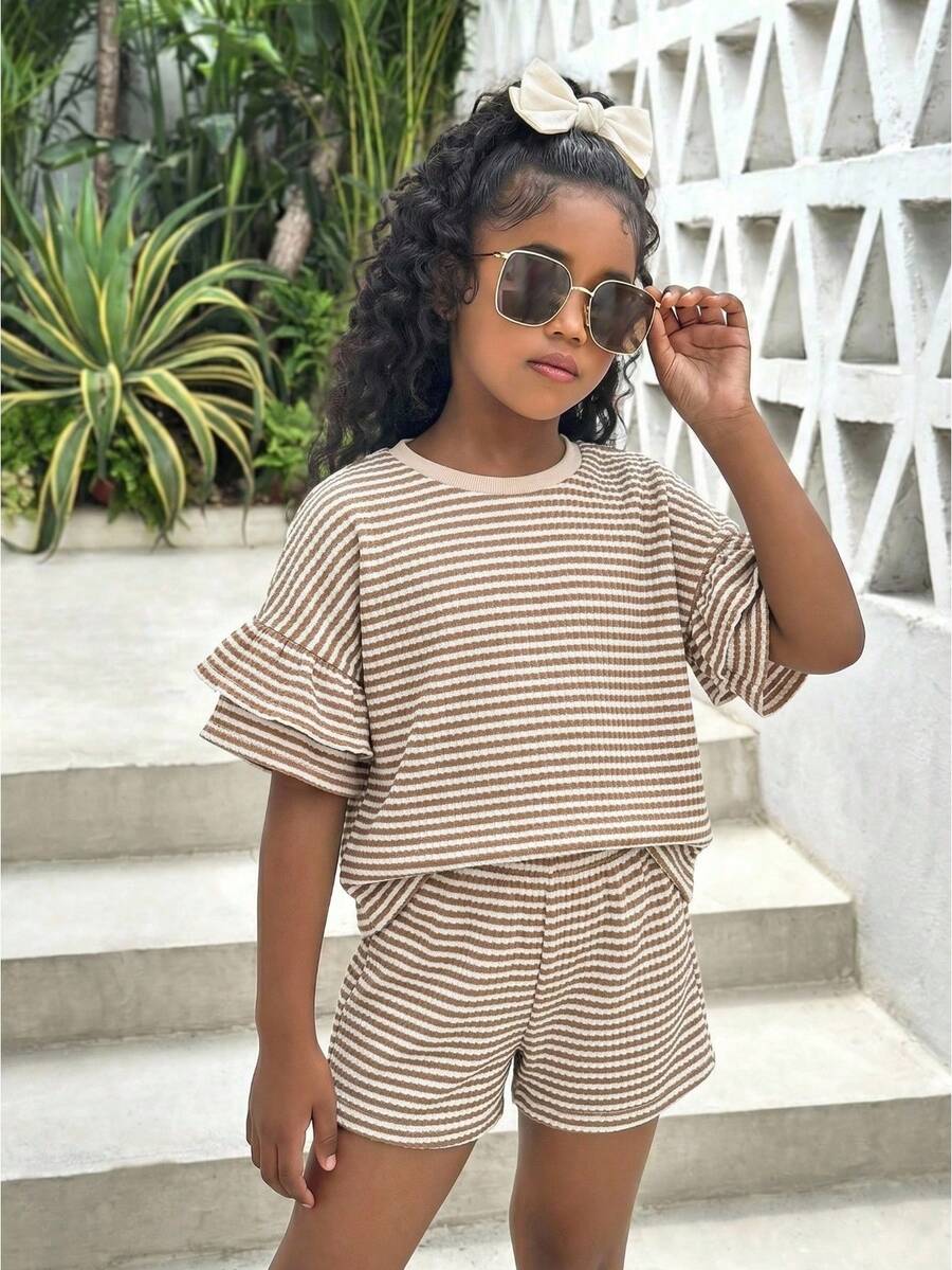 2pcs/Set Tween Girls' Fashion Casual Summer Holiday Daily Wear Round Neck Short Sleeve Knit Coffee & Striped Ruffle Sleeve T-Shirt And Striped Shorts - Coffee Brown - View 1