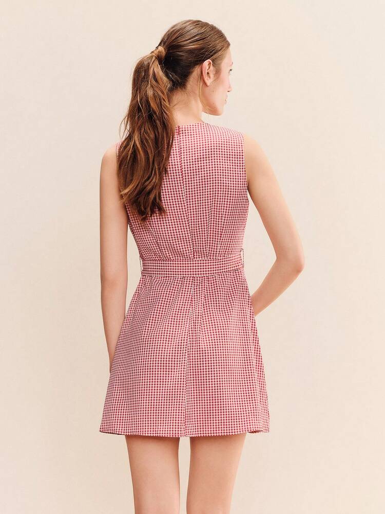 Red Gingham Sleeveless Mini Dress With Self Fabric Belt Cute Vintage Spring Summer French Style Vintage Dress Work Dress Office Dress Holiday Dress