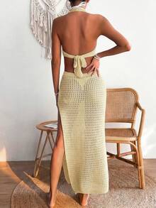 Breezaya Đầm dệt kim cổ yếm xẻ cao, hở lưng, buộc dây phía trước, gợi cảm dành cho nữ, thích hợp cho đi biển và nghỉ mát. - Màu vàng - Xem 2