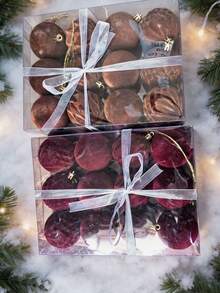 Christmas Tree Decorations 12 Pcs Velvet Ornaments For Christmas Tree, Mixed Sizes Flocked Ornaments For Xmas Holiday Hanging Decorations (Burgundy) - Multicolor - View 7