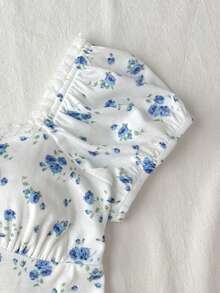 SHEIN Áo sơ mi nữ tuổi teen, kiểu dáng thường ngày mùa xuân/hè, màu xanh Pháp và trắng, họa tiết hoa ren, tay ngắn xếp ly, chất liệu dệt in họa tiết, tay phồng. - Màu xanh lam - Xem 4