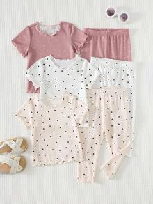 6件套女婴波点图案针织柔软圆领短袖荷叶边下摆上衣和松紧腰裤套装 - 粉色 - 查看 3