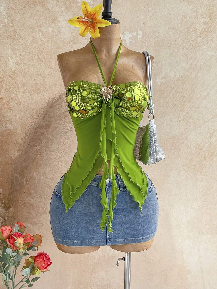 Soleia Women's Asymmetrical Hem Camisole With Seashell Decor, Suitable For Beach Vacation, Summer,Summer Top - Green - View 1