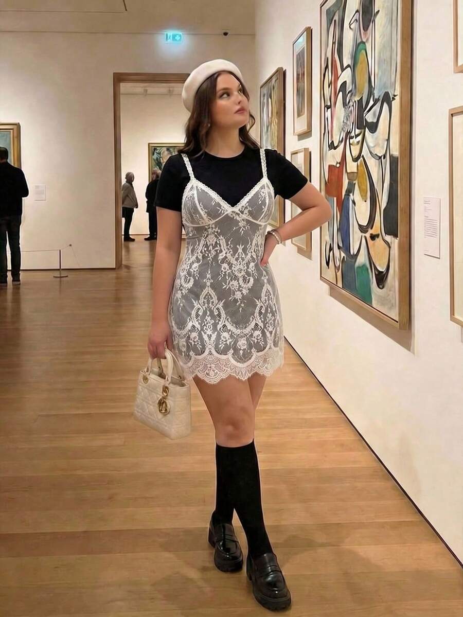 SHEIN MOD Plus Size Lace 2 In 1 Black & White Short Dress - White - View 1
