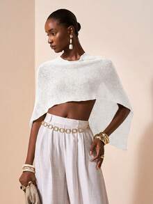 Zivah Sexy Shawl Versatile Knit Poncho Shawl, Spaghetti Strap Vacation Style V-Neck Asymmetric Shoulder Design Top - White - View 6