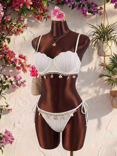 Bonvoyette Bộ bikini nữ thời trang, gợi cảm, màu trơn, có gọng nâng ngực, viền tua rua hình sao biển và vỏ sò, quần bơi tam giác buộc dây bên hông, thích hợp cho kỳ nghỉ hè/xuân ở bãi biển.