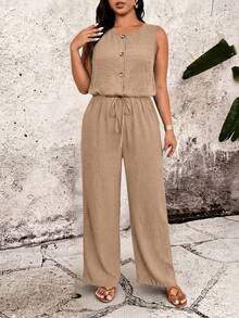 Breezaya Mono de talla grande de unicolor con cuello redondo, espalda descubierta, sin mangas, cintura elástica y botones - Caqui - Ver 4