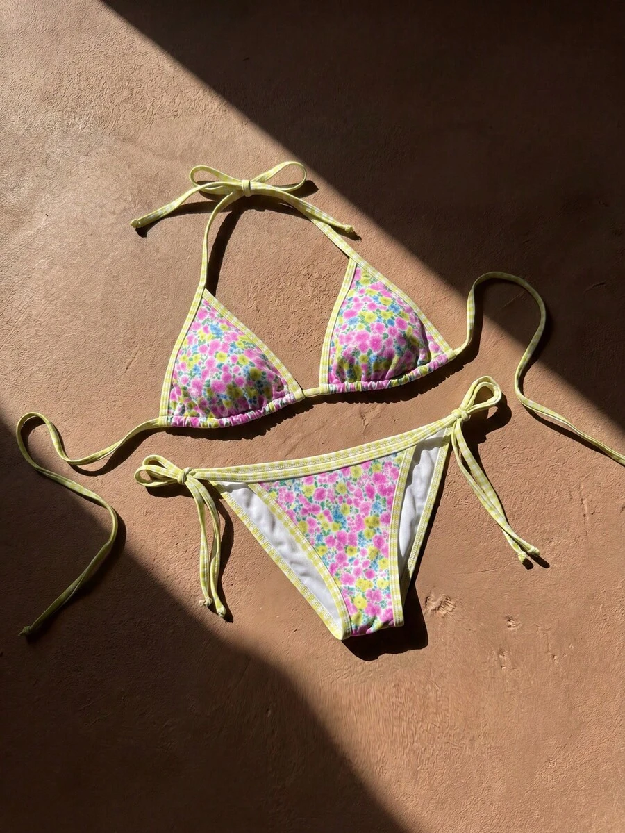 Anewsta 女士夏季沙滩碎花吊带性感比基尼泳衣套装 - 彩色 - 查看 1