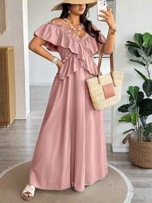 Vionelle Plus Size Women's Dusty Pink Summer Boho Spaghetti Strap Dress, Elegant Ruffled Criss-Cross Off-Shoulder Long Dress, Wedding Vacation Guest Tea Party - Baby Pink - View 7