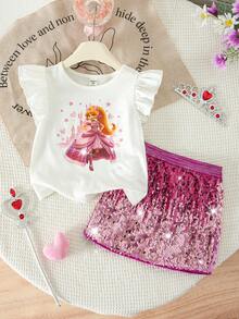 SHEIN 2件套 女童针织可爱图案背心和串珠裙套装 - 玫紅色 - 查看 7