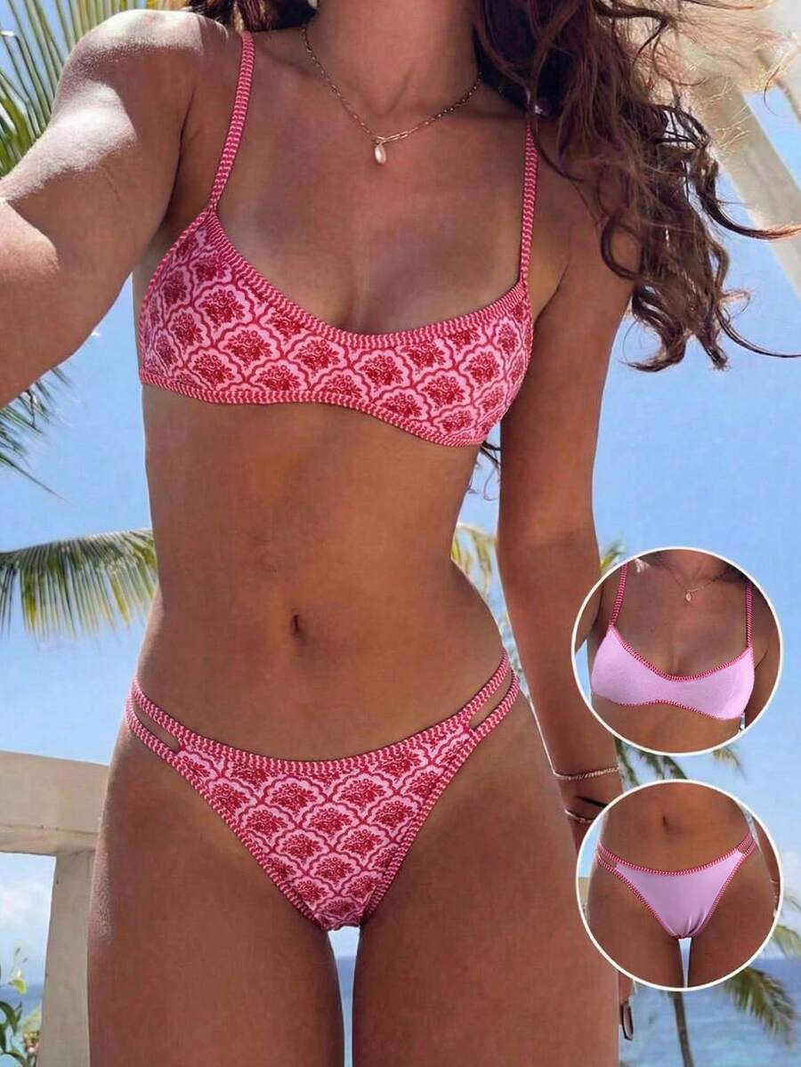 Swim Mod 2026 New Women's Summer Beach Vacation Cute Colorblock Reversible Geometric Print Low-Waist Triangle Bikini Set With Adjustable Spaghetti Straps - Pink - View 1