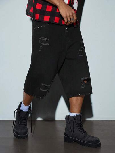 Modcrash Men's Casual Fashion Studded Denim Shorts