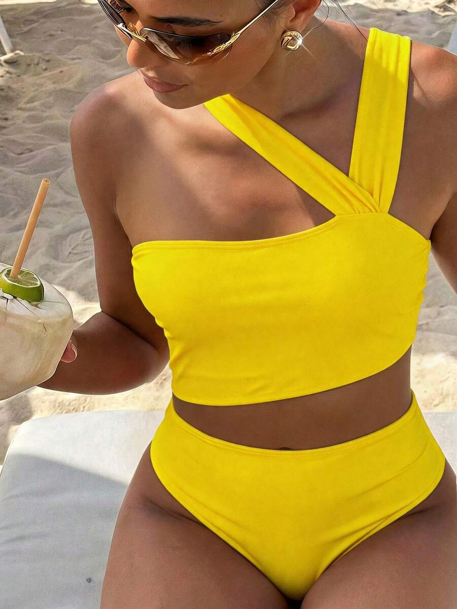 SHEIN Swim 素色單肩高腰比基尼泳裝 - 黃色 - 查看 1
