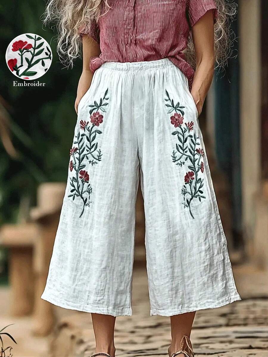 Zayélia 夏季新款重工刺绣棉麻百搭阔腿直筒九分裤 - 白色 - 查看 1