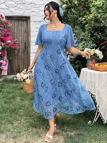 Modelyn Plus Size Lace Jacquard Fitted Square Neck Short Sleeve Elegant Dress, Hollow Embroidered Chiffon Flowy Skirt, Waist Cinched Tea Party Royal Blue - Blue - View 6