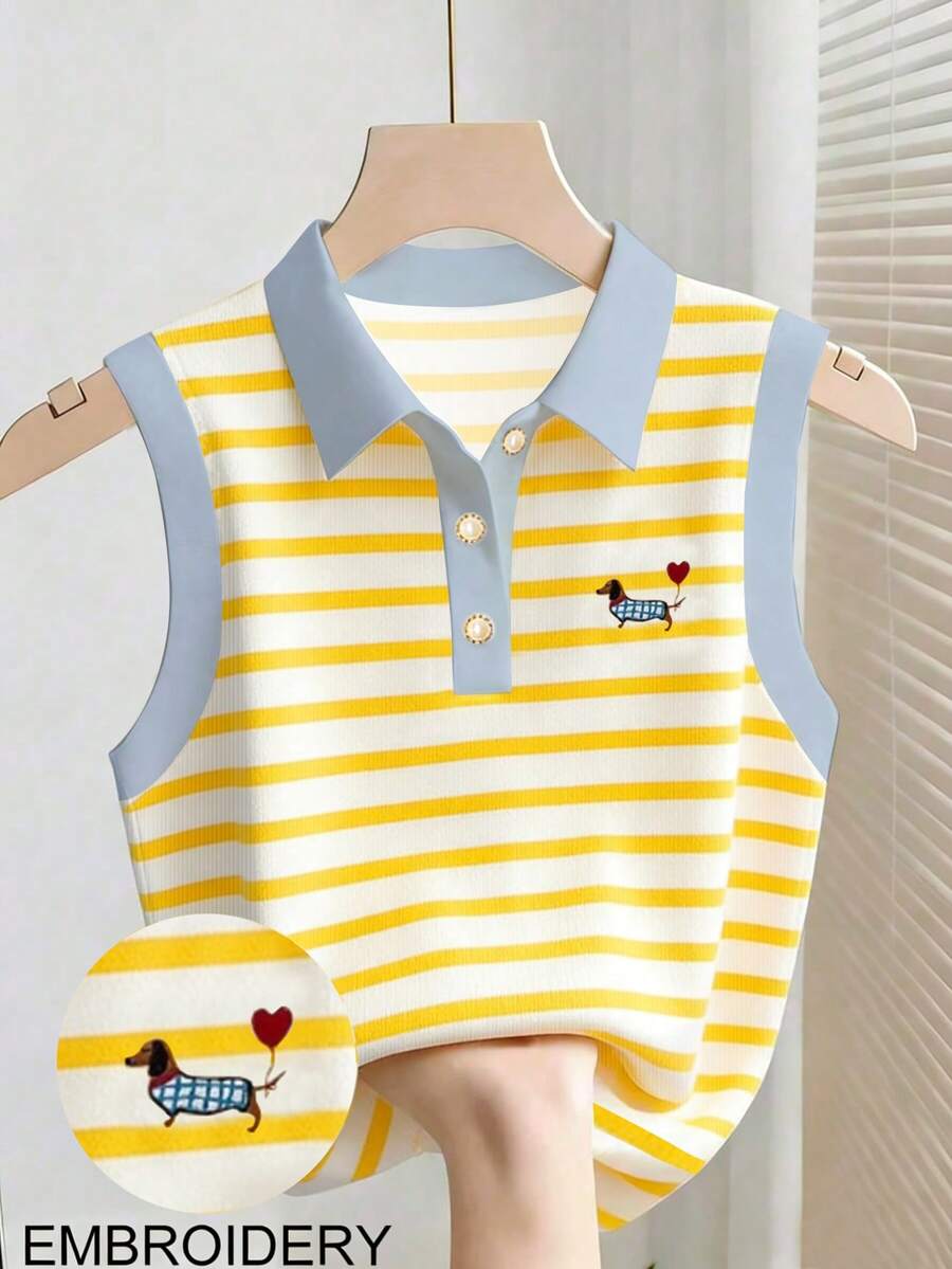 Resyla Áo tank top cổ polo dáng rộng in họa tiết hoạt hình kẻ sọc, thích hợp mặc đi nghỉ mát và đi làm, mùa hè. - Nhiều màu - Xem 1