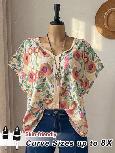 SHEIN CURVE+ 大码女式碎花V领蝙蝠袖短袖休闲衬衫夏季上衣春夏女装乡村风