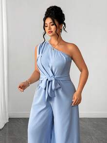 Elenzga Bộ jumpsuit nữ cỡ lớn cổ lệch, xếp ly, thắt eo, có túi, thoải mái cho các bữa tiệc. - Màu xanh lam - Xem 8