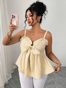 GlowEve CURVE Plus Size Slimming Flared Striped Casual Camisole For Women, Spring/Summer - Khaki - View 5