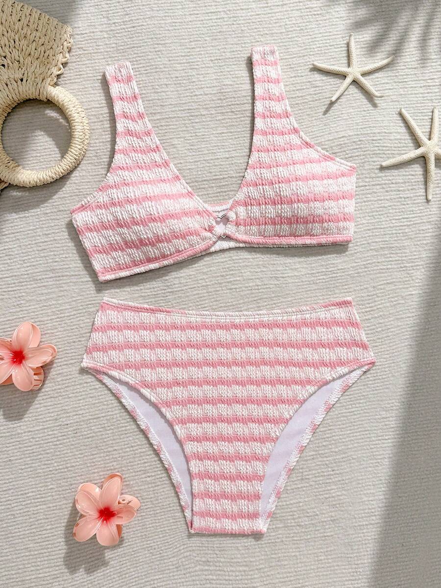 SHEIN Bikini Kasual Musim Panas Bergaris untuk Remaja Perempuan - Berwarna merah muda - View 1
