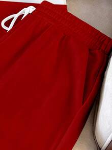 Manfinity Joysei Standard Size Men's Fitted Contrast Stripe & Letter Print Round Neck Tank Top And Solid Color Shorts Set, Holiday - Red - View 4