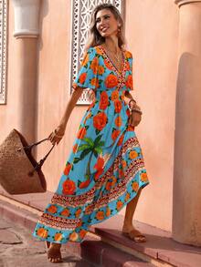 Flora Isola Flora Isola Women Bohemian Tropical Maxi Dress Spring Summer Blue Floral Print Multi-Color Elegant Romantic Light Luxury Outfit For Island Vacation Beach - Blue - View 7