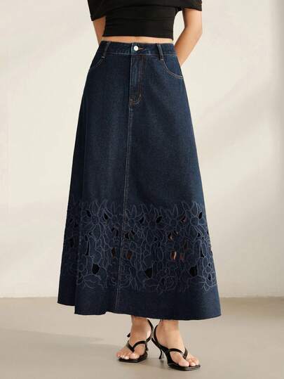 Anewsta Women's Fashion Sexy Vacation Style Heavily Embroidered Hollow-Out Blue Denim Skirt