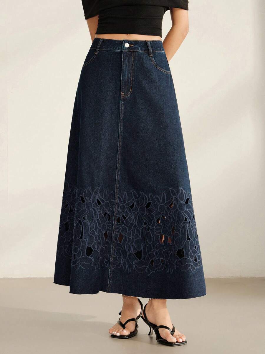Anewsta Falda vaquera azul con bordado calado y estilo sexy de vacaciones para mujer - Azul - Ver 1