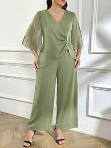 Reflora Plus Size Women's Elegant Party Banquet V-Neck Ruched Waist Rhinestone Top And Wide Leg Pants 2-Piece Set, Suitable For Spring, Summer And Autumn Fall - Mint Green - View 6