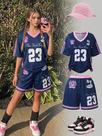 Sparklyn Bộ đồ thể thao thường ngày dành cho nữ tuổi teen, kiểu áo thun và quần short ngắn tay cổ chữ V dáng rộng.