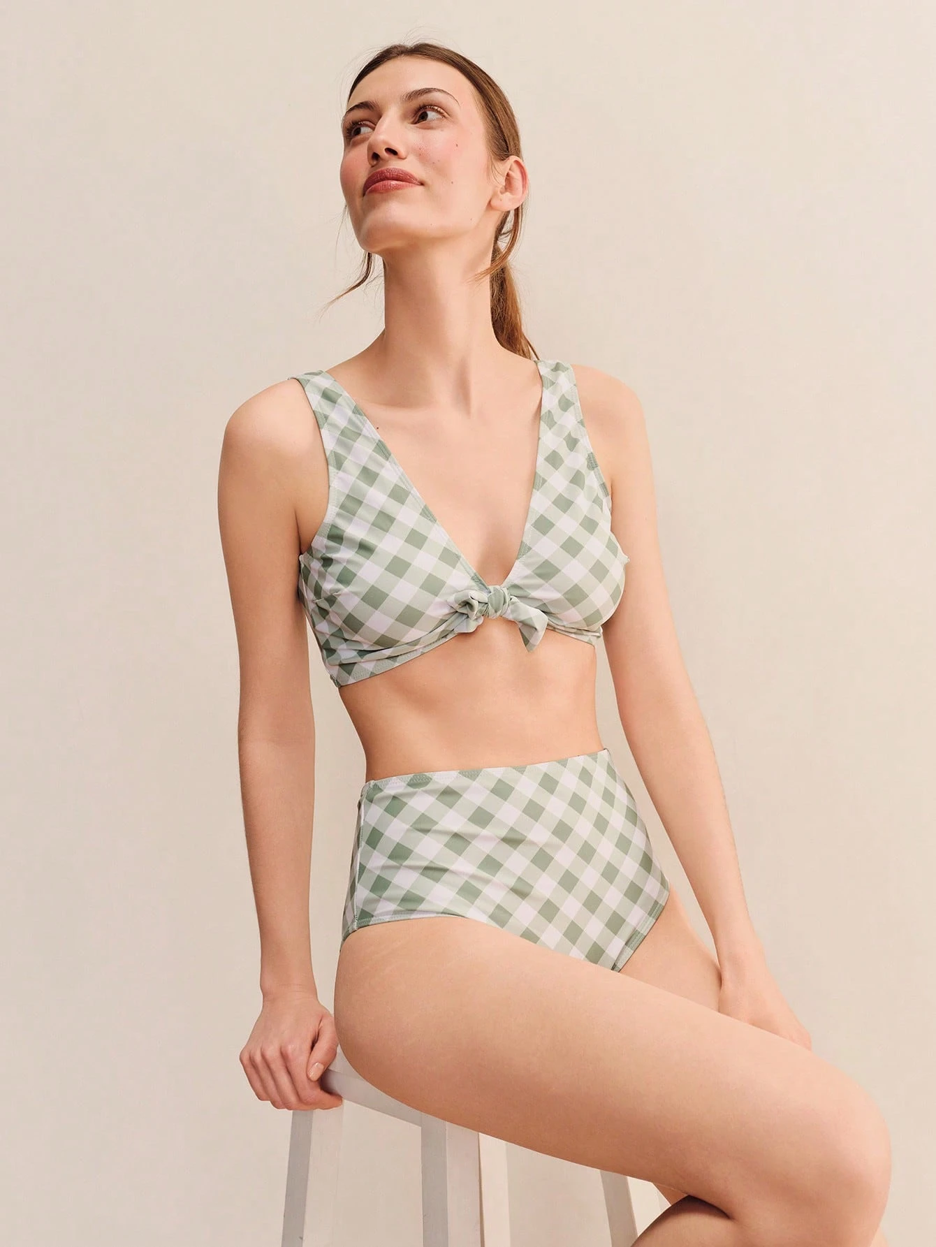 Sage Green Checkered Print Bikini Set With A Front Tie And High Waisted Bottoms Cute French Summer 2 Pieces Swimwear Vintage Beachwear