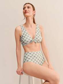 lacRébo Bộ bikini màu xanh lá cây nhạt kẻ caro với dây buộc phía trước và quần cạp cao, kiểu dáng dễ thương, phong cách mùa hè Pháp, gồm 2 mảnh, thích hợp cho đi biển. - màu xanh lá - Xem 5