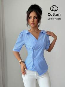 Elenzga Áo sơ mi nữ mùa hè mới có cổ, thiết kế thắt eo tôn dáng, gợi cảm, thanh lịch, bất đối xứng, tay áo cánh hoa kẻ sọc xanh, kiểu dáng rộng rãi, thoải mái, đa năng. - Màu xanh lam - Xem 4