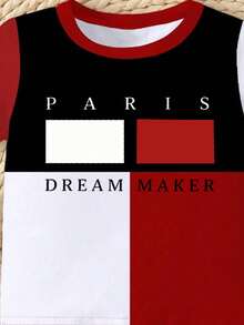 2件組男嬰黑色與紅色Paris & DREAM MAKER字母印花拼色T恤短褲套裝，夏季街頭休閒圖案街頭時尚 - 彩色 - 查看 7