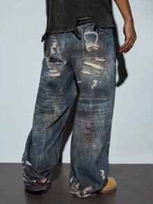 Modcrash 1 chiếc quần jeans nam denim màu xanh xám rách 3D kiểu Y2K dáng rộng, phù hợp với phong cách hiphop, nhiều size (không bao gồm thắt lưng và phụ kiện) - Màu xanh lam - Xem 2