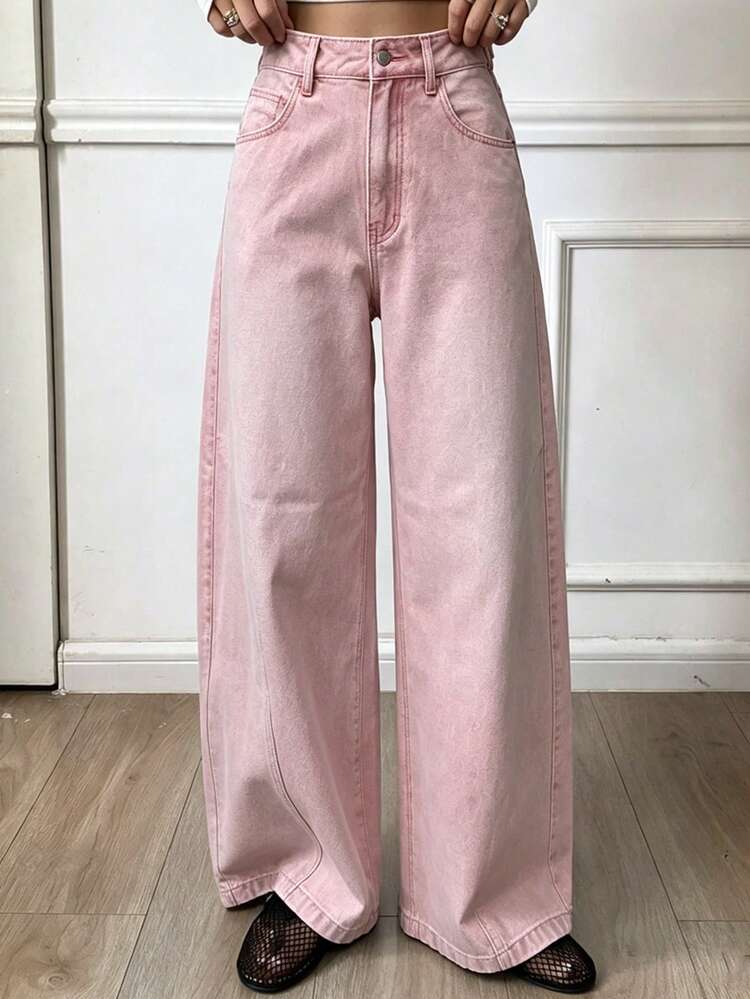 Women's Casual Everyday Washed Slant Pocket Loose Wide-Leg Jeans
