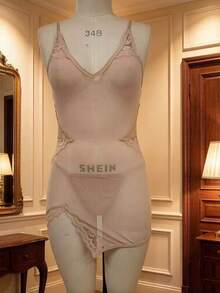 SHEIN 2件套女士性感蕾丝拼布睡袍套装，适合外出穿着 - 杏色 - 查看 6