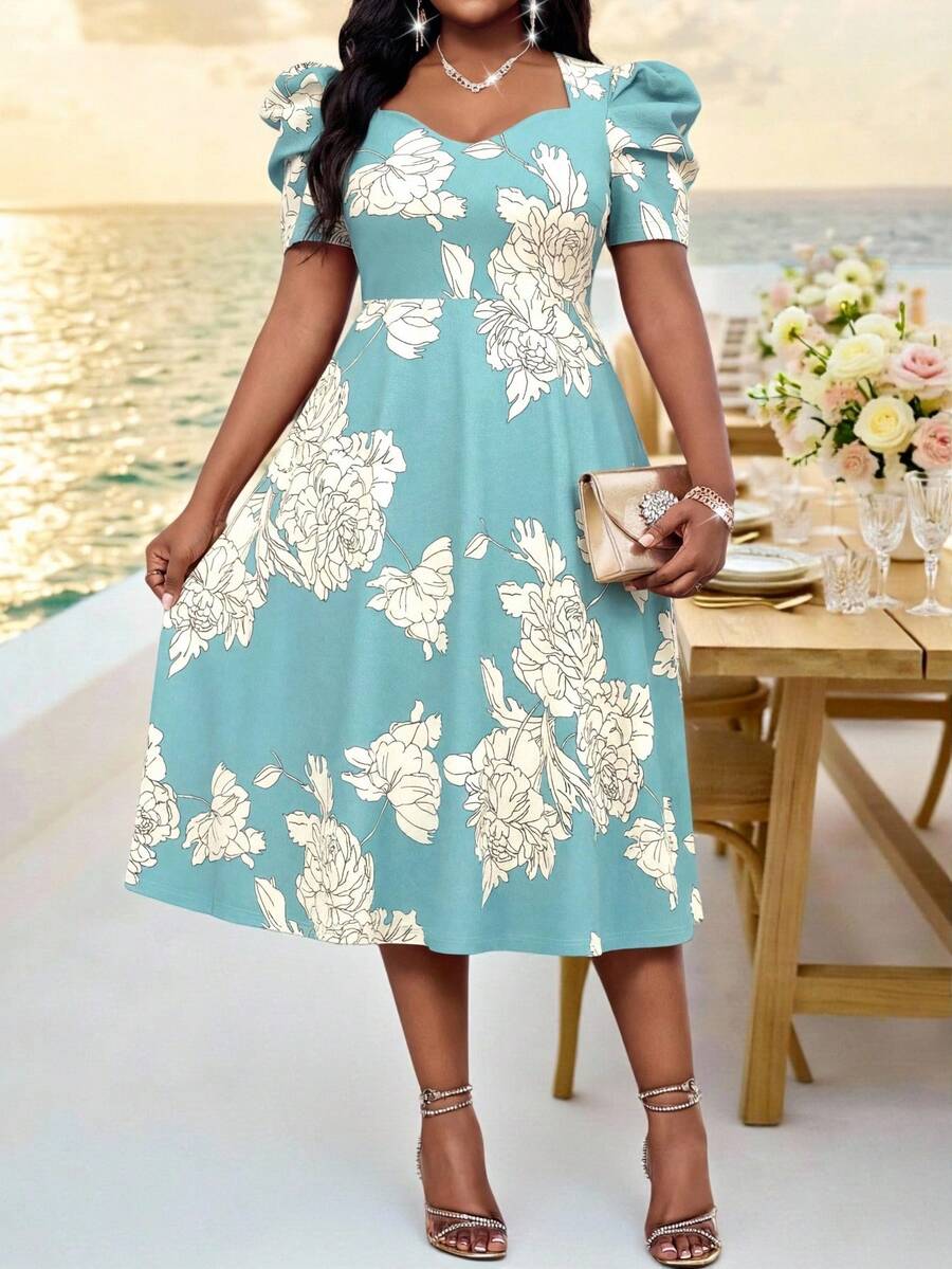 SHEIN Lady 大码优雅印花连衣裙，夏季 - 彩色 - 查看 1